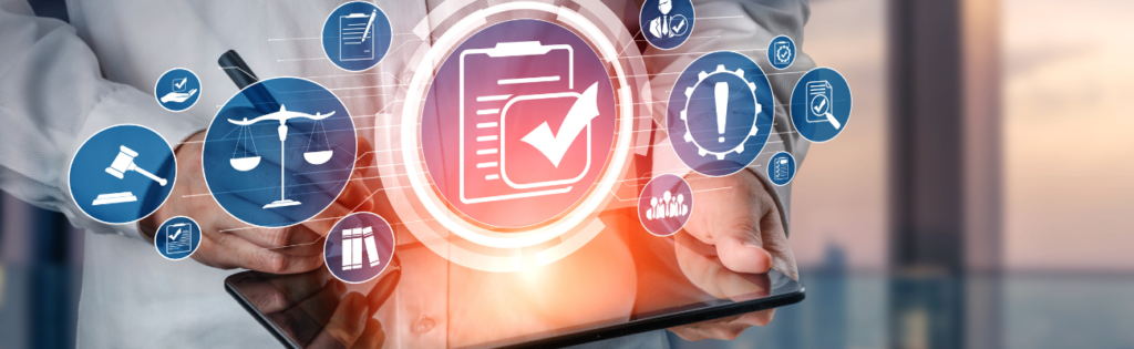 Programa de compliance na Europa com foco em governança, gestão de riscos e canal de denúncias, representado por ícones de ética, controlo e conformidade digital.