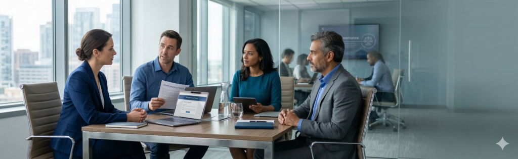 Fotografía panorámica de estilo corporativo que muestra a cuatro profesionales diversos, dos hombres y dos mujeres, en una reunión seria y enfocada dentro de una sala de conferencias moderna con paredes de vidrio. Están sentados alrededor de una mesa de madera con portátiles y documentos; uno de los hombres sostiene un papel mientras habla, sugiriendo una discusión sobre compliance o ética. El entorno presenta tonos predominantemente azules y grises, con iluminación natural suave proveniente de grandes ventanales al fondo.